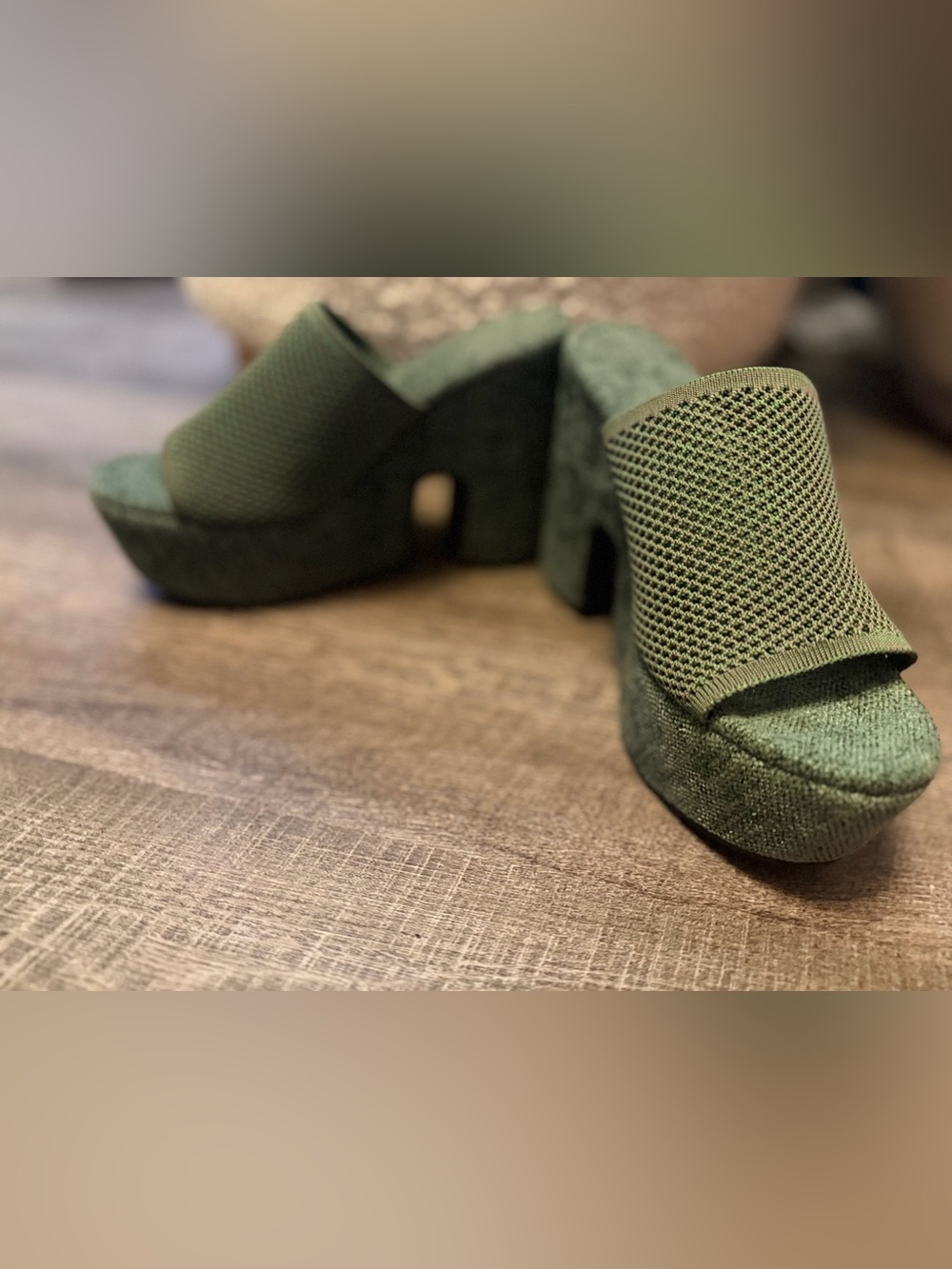 Olive Green Knit Platform Wedge Slide Sandals Size 37 Y2K Boho